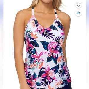 Island Escape Maya Bloom Printed Racerback Tankini Swim Top White Size‎ 10
